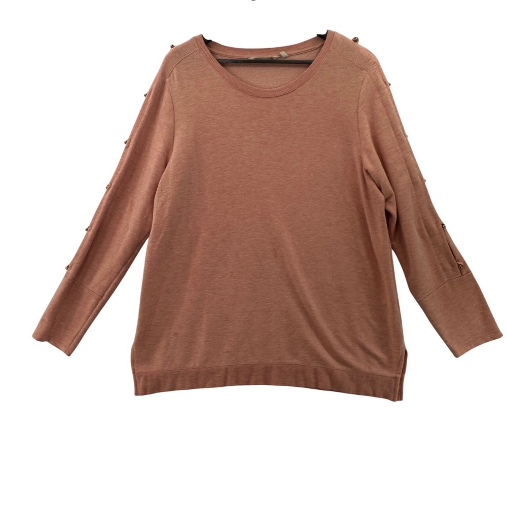 Soft Surroundings Coral Pink Button Sleeve Crewneck Top 2EA09 Womens L